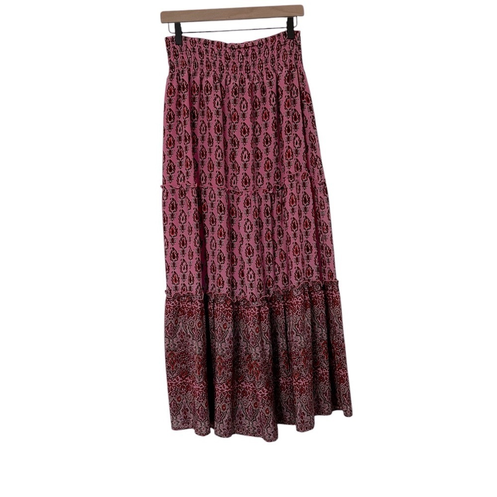 Gold Hawk 100% Silk Maxi Skirt Pink Paisley Size M Prairie Luxury Cottagecore - Picture 7 of 9